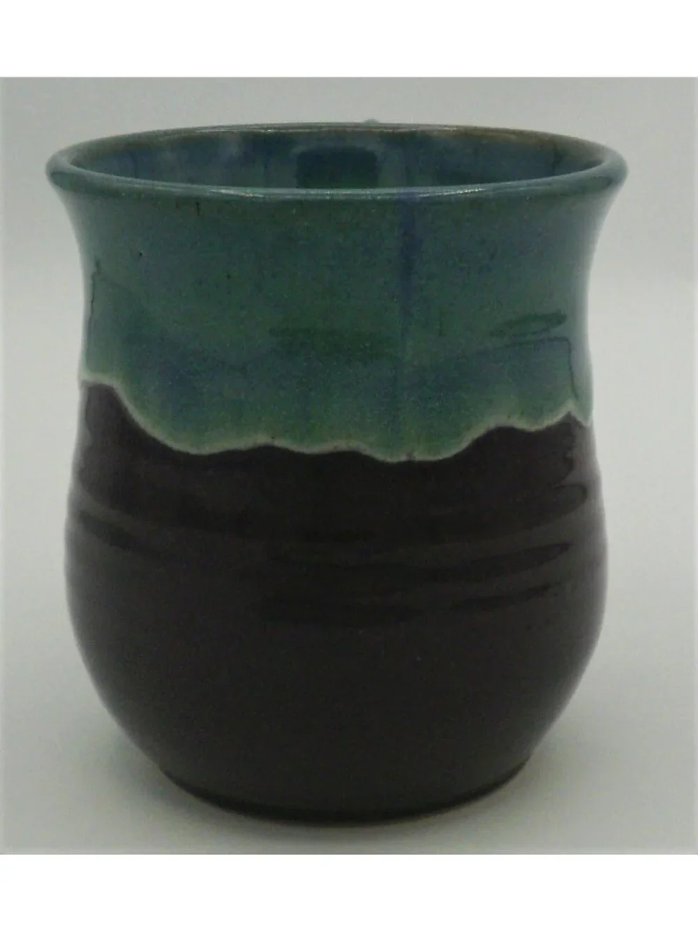 Hand Thrown Art Pottery Mug Teal Drip Over Purple Signed Violet Williams 1994